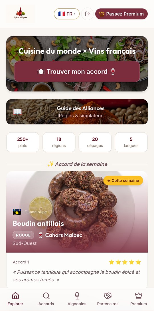 Accueil de l'application : cuisine du monde et vins français — Épices & Vignes