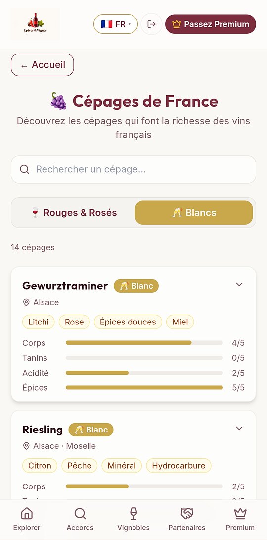 Cépages blancs avec profil de saveurs — Épices & Vignes