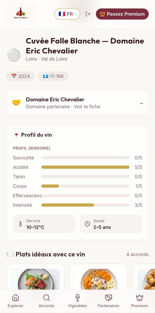 Fiche vin avec profil sensoriel et plats idéaux — Épices & Vignes